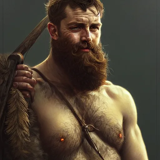 Prompt: portrait of a rugged ranger, upper body, hairy torso, D&D, fantasy, intricate, elegant, highly detailed, digital painting, artstation, concept art, matte, sharp focus, illustration, art by Artgerm and Greg Rutkowski and Alphonse Mucha