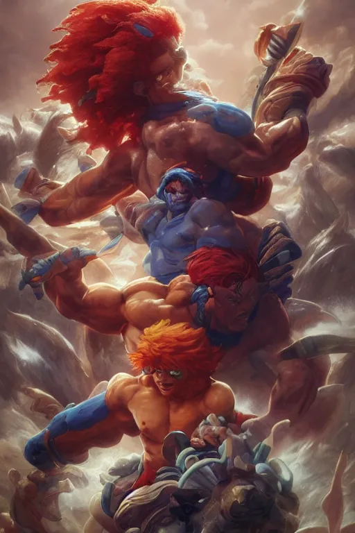 Prompt: painting of thundercats,, ultra realistic, sharp details, subsurface scattering, intricate details, warm lighting, beautiful features, highly detailed, photorealistic, octane render, 8 k, unreal engine, art by artgerm and greg rutkowski and alphonse mucha