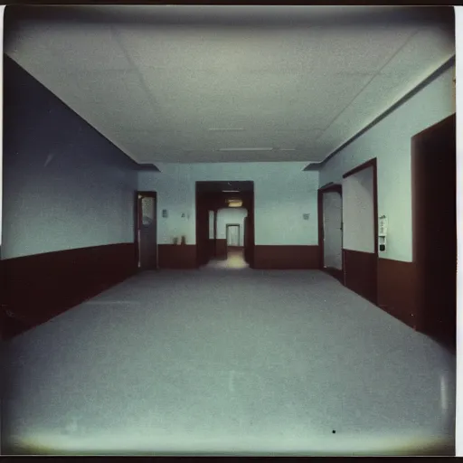 Image similar to a Polaroid photo of an ominous endless space of empty connecting rooms with vanilla colored wallpaper and brown carpet, no windows