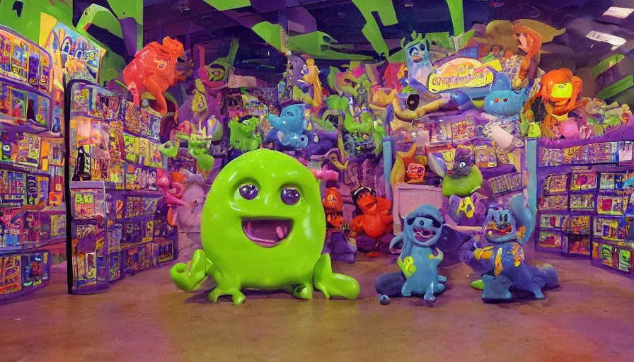 Prompt: 1990s photo of inside the Nickelodeon Blockbuster Gameboy Slime Show ride at Universal Studios in Orlando, Florida, children riding a VHS tape through a Blockbuster video store filled with beanie babies and a big Furby, cinematic, UHD