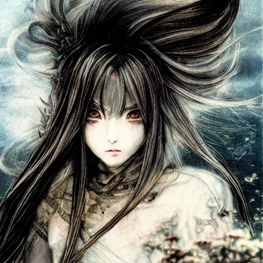 Image similar to yoshitaka amano style blurred and dreamy illustration, renaissance oil portrait, realistic anime girl with long wavy white hair fluttering in the wind and black eyes wearing elden ring style armor with engraving, highly detailed, ruins in the background, strange camera angle, three - quarter view, noisy film grain effect