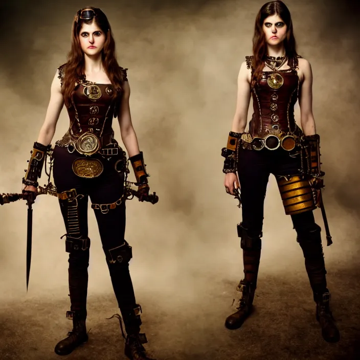 Prompt: full body photograph of alexandra daddario as a steampunk warrior, Extremely detailed. 8k