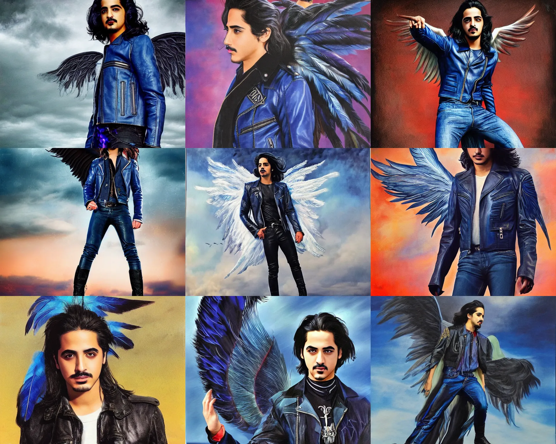 Prompt: angel avan jogia with blue-indigo-feather wings. Leather jacket, boots and jeans. Flying in a stormy sky. Distant full body shot. Artwork by Alex Ross