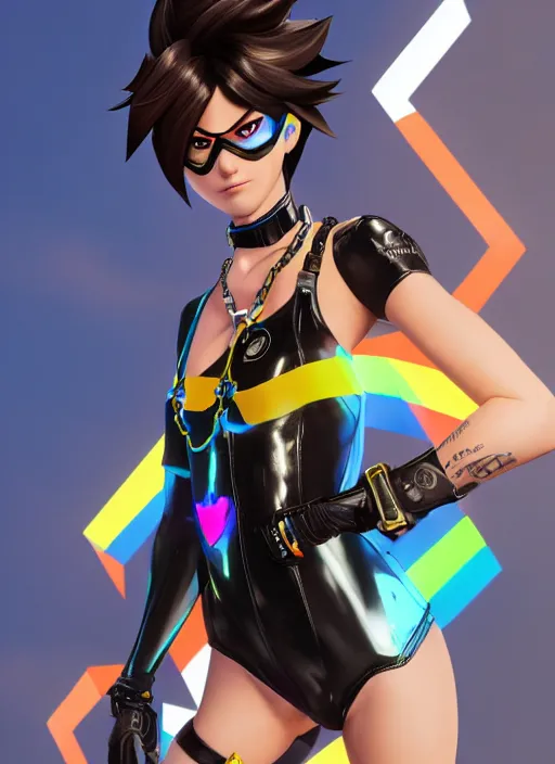 Image similar to full body digital artwork of tracer overwatch, wearing black iridescent rainbow latex swimsuit, 4 k, expressive happy smug expression, makeup, in style of mark arian, wearing detailed black leather collar, wearing chains, black leather harness, leather cuffs around wrists, detailed face and eyes,