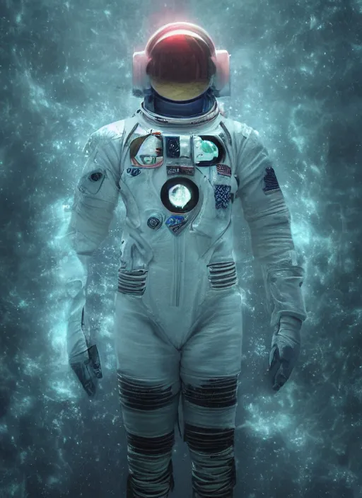 Prompt: complex poster by craig mullins astronaut in futuristic dark and empty spaceship underwater. infrared glowing lights. complex and hyperdetailed technical pink suit. reflection and dispersion materials. rays and dispersion of light. volumetric light. 5 0 mm, f / 3 2. noise film photo. flash photography. unreal engine 4, octane render. interstellar movie art