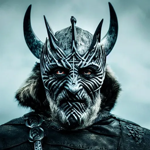 Image similar to profile photo of the night king in a dark viking hood playing odin all father from the thor movie, highly detailed, cinematic shot, cinematic lighting, 8 k, exquisit facial detail