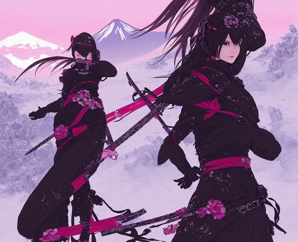 Image similar to portrait ninja gaiden girl, black plus little pink ninja wardrobe, at snowy fuji mountain sunrise, ssci - fi and fantasy, intricate and very very beautiful, detailed, digital painting, artstation, concept art, smooth and sharp focus, illustration, art by tian zi and wlop and alphonse mucha