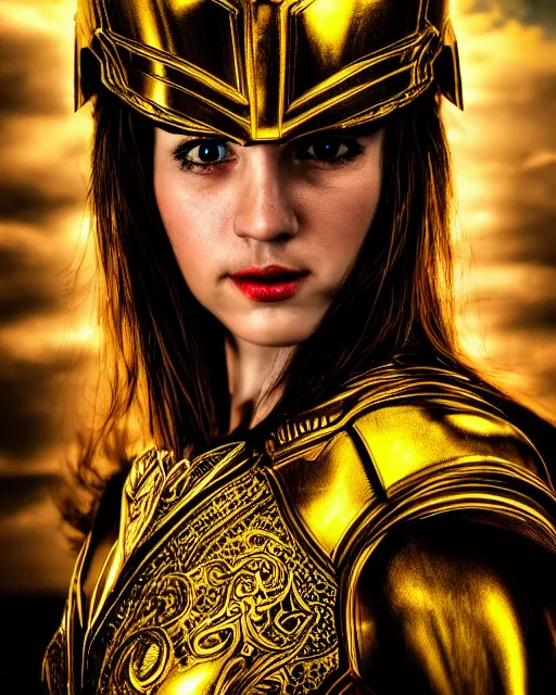 Image similar to comic book style portrait of woman in shining golden armor, high production value, intricate details, high resolution, hdr, high definition, masterpiece, realistic, ultrarealistic, highly detailed, hd, sharp focus, non blurry, sharp, smooth