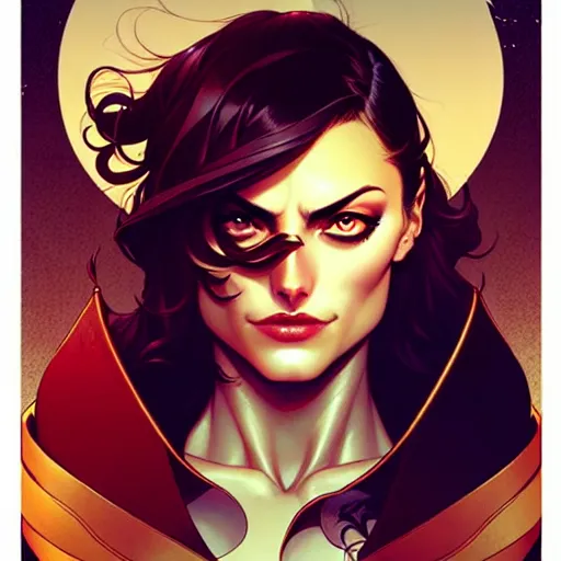 Prompt: artgerm, joshua middleton comic cover art, pretty pirate phoebe tonkin smiling, symmetrical eyes, symmetrical face, long curly black hair, on a pirate ship background, warm colors