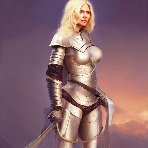 Prompt: painting of a female blonde in a knights armor tied up, full view, popular on artstation, artstationhd, artstationhq 8 k, volumetric lighting, super focused, no blur, trending on artstation, ultra detailed, by artgerm and james gurney, greg rutkowski,