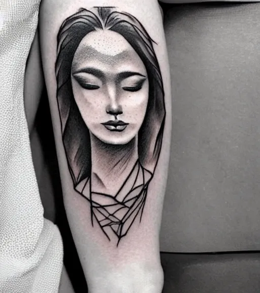 Image similar to tattoo design sketch of a beautiful woman face with a faded background of beautiful mountains and nature on her side, hyper - realistic, in the style of den yakovlev, amazing detail, black and white