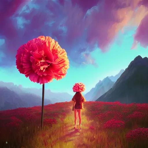 Image similar to giant carnation flower as a head, girl hiking in the mountains, surreal photography, sunrise, dramatic light, impressionist painting, colorful clouds, digital painting, artstation, simon stalenhag