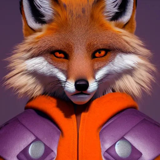 Prompt: a highly detailed portrait of a humanoid light brown fox, with a white muzzle, bright orange eyes, in a purple cloak, artstation, DeviantArt, professional, octane render