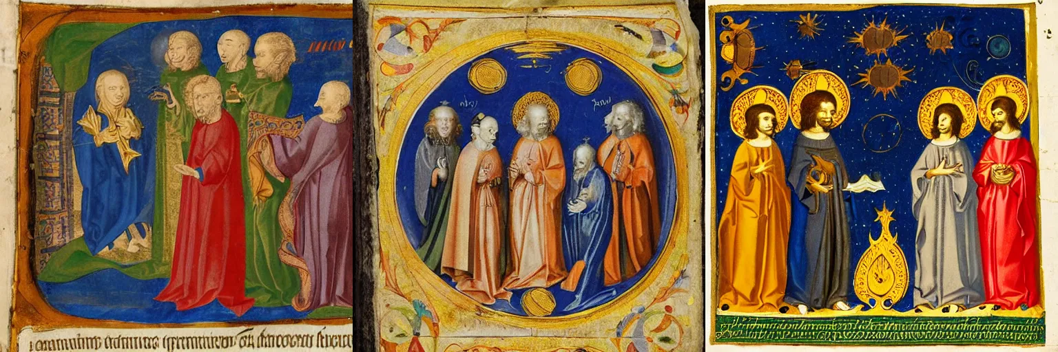 Prompt: visitors from the stars, illuminated manuscript, c. 1640 AD, Tuscany