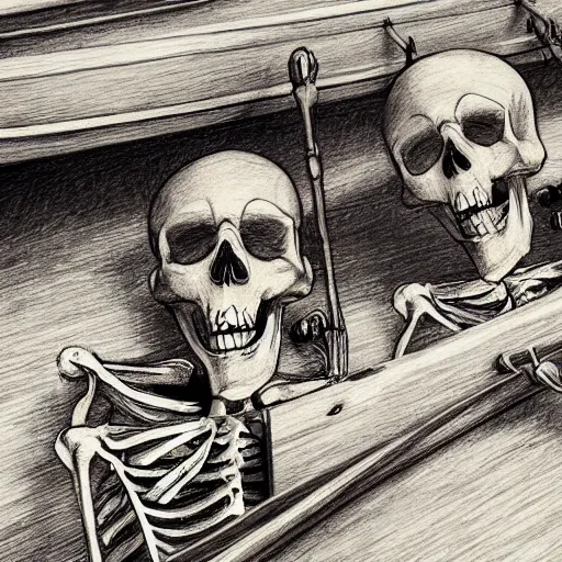 Image similar to close up of skeletons in a boat on a river catching skeleton fish, pencil sketch, realistic shaded, fine details, realistic shaded lighting poster by greg rutkowski