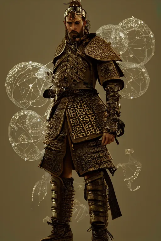 Image similar to a centered render of a majestic post apocalyptic samurai warrior wearing armour and leather clothing surrounded by bio - luminescent jellyfish and sacred geometry, cinematic, beautifully lit, by artgerm, by donato giancola, by viktoria gavrilenko 3 d, trending on artstation, octane render, 8 k