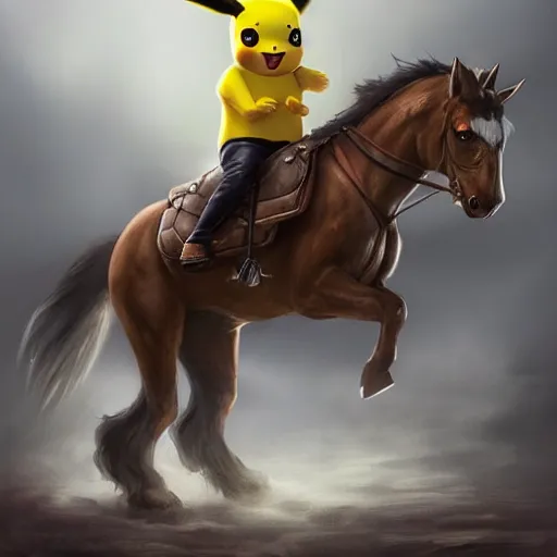 Prompt: pikachu riding a horse concept art, sharp focus, digital art, Hyper-realistic, 4K, Unreal Engine, Highly Detailed, HD, Dramatic Lighting by Brom, trending on Artstation,