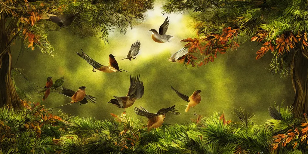 Prompt: very detailed digital art of birds singing songs in a beautiful forest