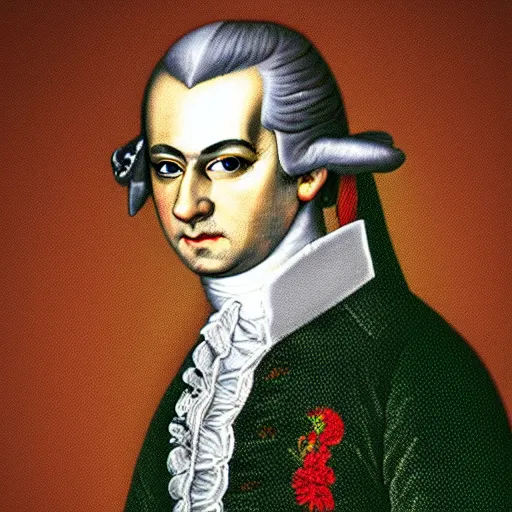 Prompt: Mozart with bloodshot eyes holding a joint digital art