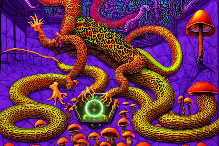 Image similar to a detailed digital art painting of a cyberpunk magick oni dragon with occult futuristic effigy of a beautiful field of mushrooms that is a adorable leopard atomic latent snakes in between ferret biomorphic molecular hallucinations in the style of escher, alex grey, stephen gammell inspired by realism, symbolism, magical realism and dark fantasy, crisp,