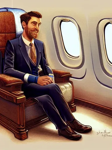 Prompt: a handsome mature diplomat. in his chair in the first class of a airplane. intricate, elegant, highly detailed, digital painting, artstation, concept art, sharp focus, illustration, by justin gerard and artgerm, 8 k