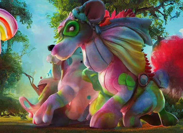 Image similar to riding a gigantic cute creature through a candy-themed fantasy land, dappled lighting, detailed photograph