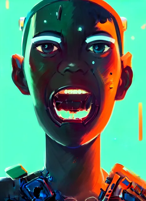 Image similar to highly detailed portrait of a cyborg grinning at the camera, atey ghailan, by greg rutkowski, by greg tocchini, by james gilleard, by joe fenton, by kaethe butcher, green gradient, neon blue, neon red and white color scheme, trending in pinterest, award winning details hd