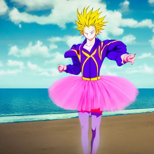 Prompt: hisoka from hunter x hunter wearing a pink tutu ballet dress with a shiny chrome banana in his hand while standing on a rainy beach with girls in colorfull bikini ‘ s in the back, anime style, 4 k, high detail,