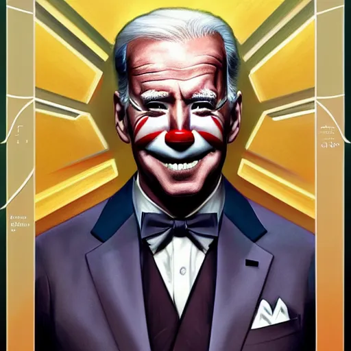 Image similar to symmetry portrait of joe biden as a clown, intricate, elegant, highly detailed, digital painting, artstation, concept art, smooth, sharp focus, illustration, art by artgerm and greg rutkowski and alphonse mucha