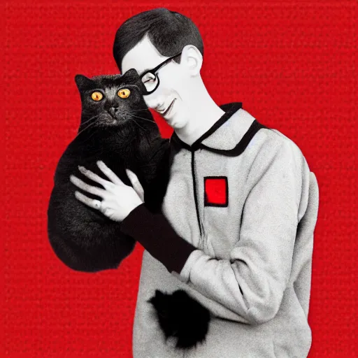 Image similar to an album of neil cicierega holding a cat, in a red color style, in a railroad background