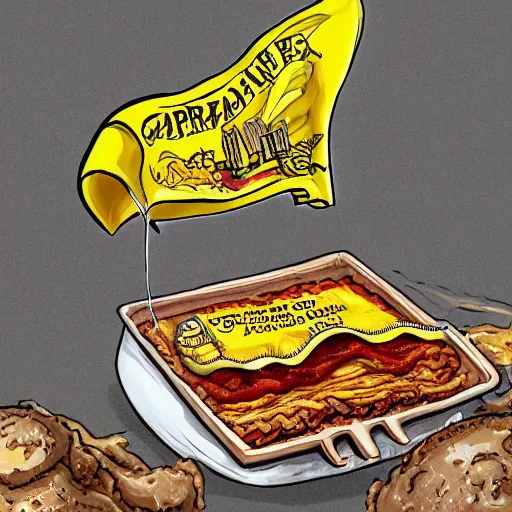 Prompt: Garfield eating lasagna on 9/11 while flying a gadsden flag, in the style of beksinki, hyperrealistic, photorealistic, ultra hd, digital illustration, concept art, award-winning, highly detailed, 4k, satanic, dark, evil, dungeons and dragons