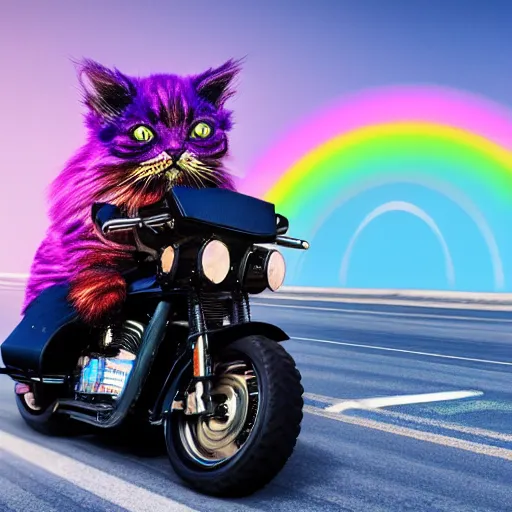 Image similar to wide angle full body, jacket wearing fluffy cute rainbow kitten wearing a black leather motorcycle jacket, riding on a motorcycle, cinematic concept art