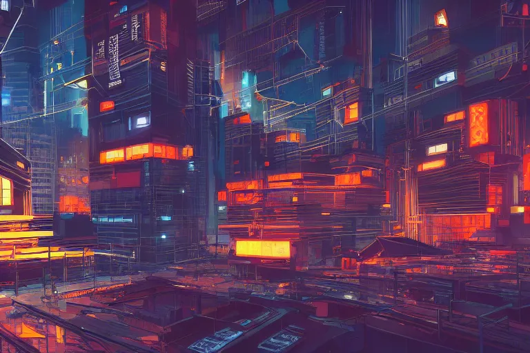 Image similar to orange government building, cyberpunk city, studio gainax art, intricate electronics, moody lighting