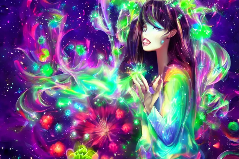 Image similar to psychedelic, full body, whimsical, anime, 4k, beautiful lusty woman blowing smoke, with professional makeup, long trippy hair, a crystal and flower dress, sitting in a reflective pool, surrounded by gems, underneath the stars, rainbow fireflies, trending on patreon, deviantart, twitter, artstation, volumetric lighting, heavy contrast, art style of Ross Tran and Miho Hirano and Ilya Kuvshinov