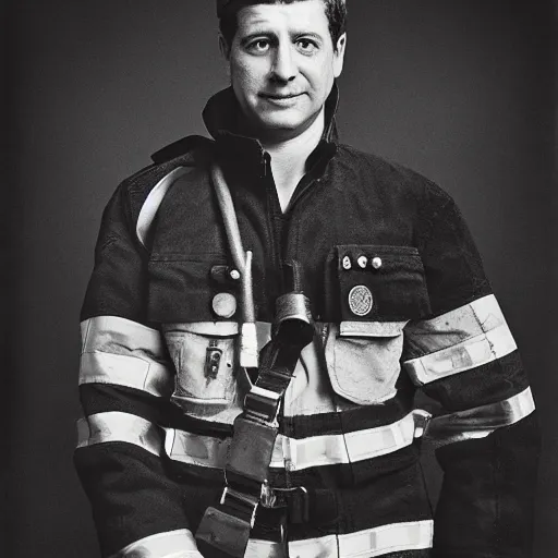 Image similar to portrait photo, portrait of fireman sam by richard avedon, realistic, Leica, medium format, cinematic lighting, wet plate photography, parallax, high resolution,