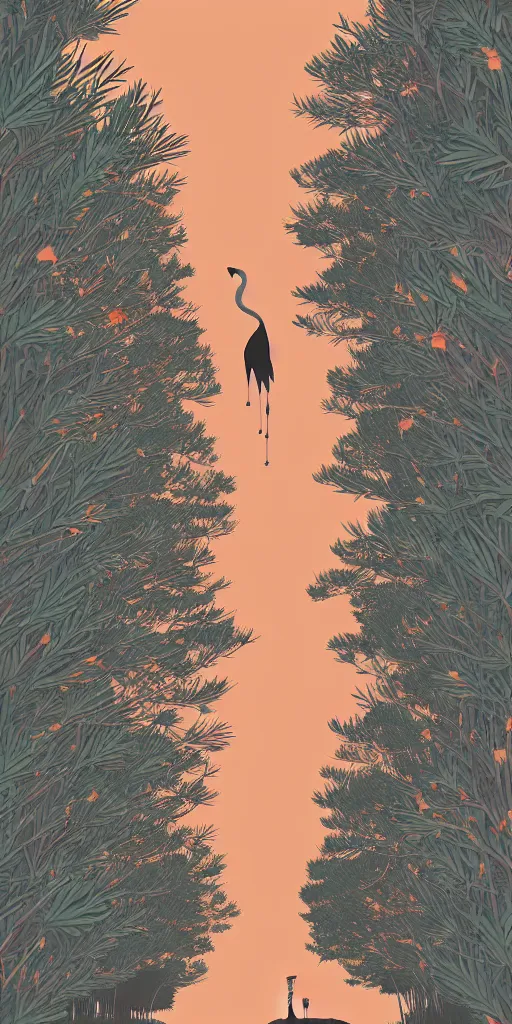 Image similar to a portrait of japanese crane walking into a forest of japanese pines, honeyworks and chico anime style, a big red sun in the background, front game card, vector line art, trending on behance, concept art, stunning, matte