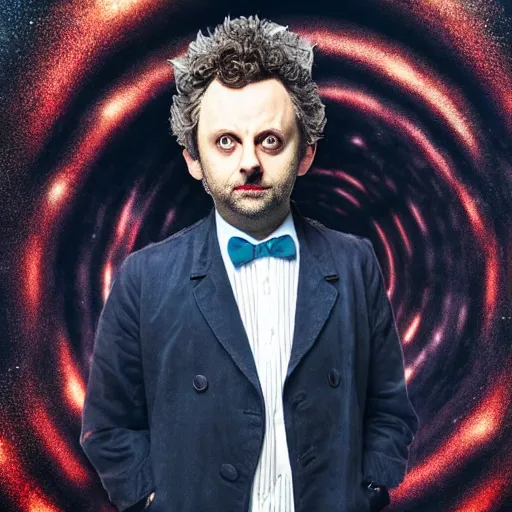 Image similar to a full body photograph of michael sheen as'doctor who ', time vortex in the background, detailed face, symmetrical face, extreme realism and detail, 8 k, completely framed, direct lighting, 3 5 mm photo, photorealistic, sharp focus