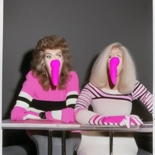 Image similar to 1982 twin women on tv talk show wearing an inflatable long prosthetic snout nose made of gooey pink slime, soft color wearing stripes sitting on vinyl chairs, pink slime everywhere, studio lighting 1982 color film archival footage 16mm John Waters Russ Meyer Almodovar Doris Wishman