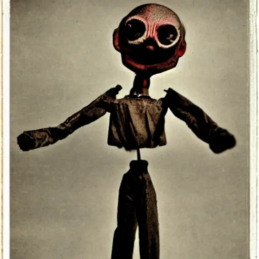 Image similar to alive, creepy marionette puppet, leaping towards viewer, horrific, unnerving, clockwork horror, pediophobia, lost photograph, dark, forgotten, final photo found before disaster, polaroid,