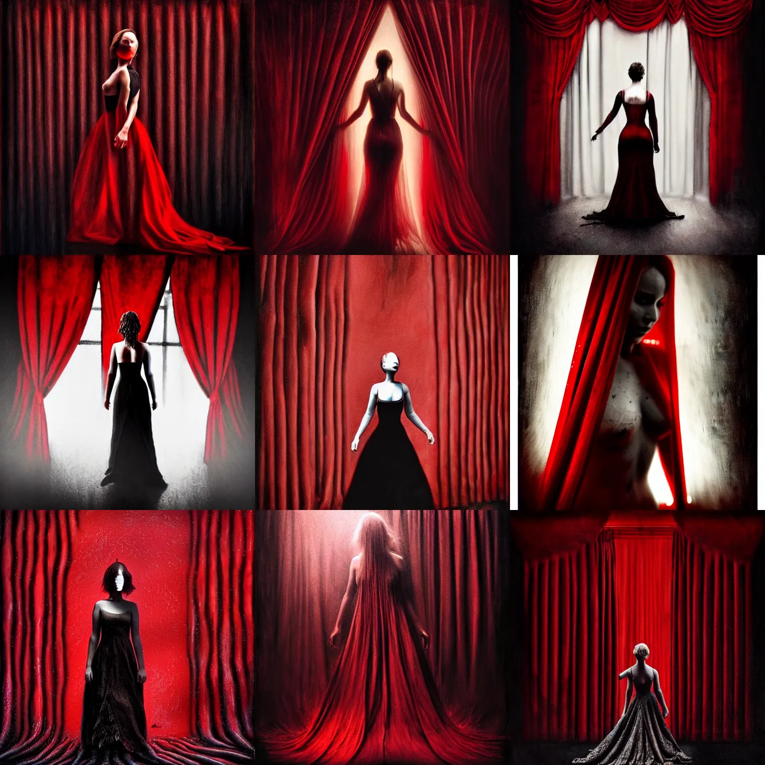Prompt: faceless Jennifer Lawrence as a strings puppet behind red curtains by Brooke Shaden, big black strings from wrists to ceiling clearly visible, medium shot, intricate, dystopian, sci-fi, extremely detailed, digital painting, artstation, concept art, smooth, sharp focus, illustration, intimidating lighting, incredible art, details visible, very dark ambiance