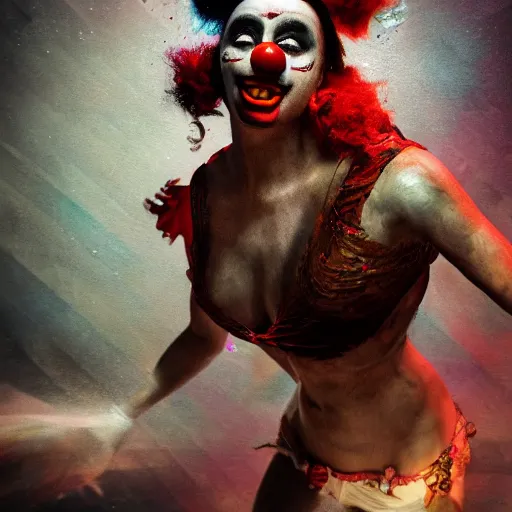 Prompt: full body pose, hyperrealistic mixed media painting of a seductive clown, dim volumetric lighting, 8 k, octane beautifully detailed render, extremely hyper detailed, intricate, epic composition, cinematic lighting, masterpiece, trending on artstation, very very detailed, masterpiece, stunning, hdr, smooth, sharp focus, high resolution, award, winning photo, dslr, 5 0 mm