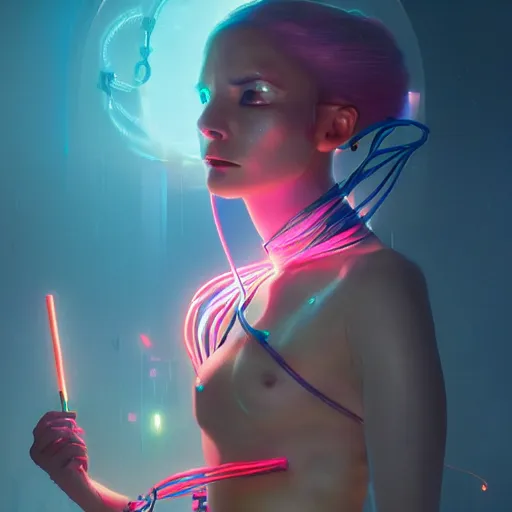 Prompt: colorful and festive mechanical miki removing her human mask revealing wires futuristic, y 2 k aesthetic, dramatic lighting, illustration by greg rutkowski, 4 k, digital art, concept art, ue render, trending on artstation