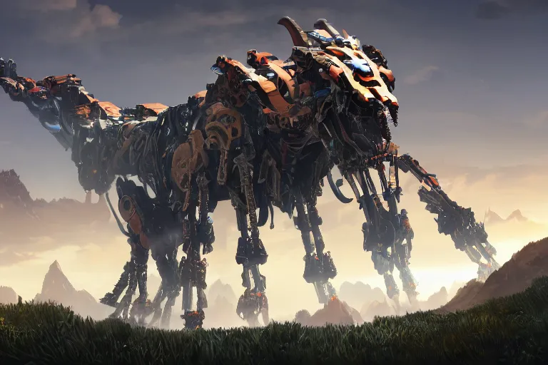 Image similar to grimhorn fanghorn machine mecha animal beast robot of horizon forbidden west horizon zero dawn bioluminiscence global illumination ray tracing hdr fanart arstation by sung choi and eric pfeiffer and gabriel garza and casper konefal