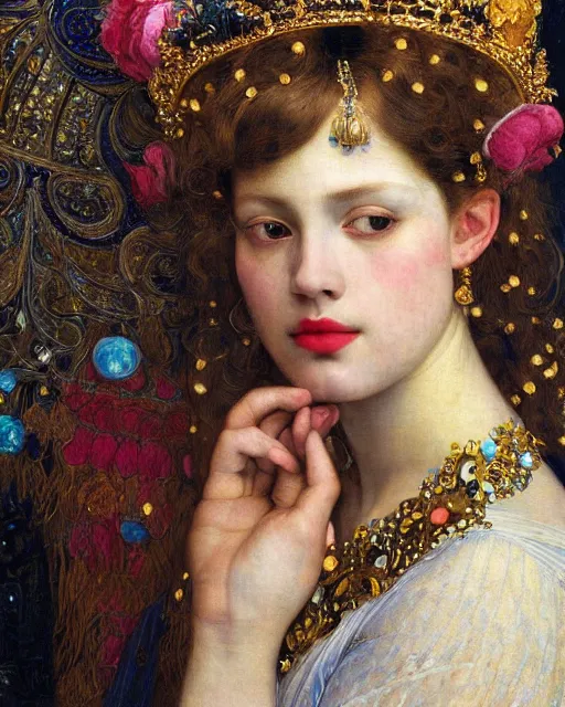 Image similar to a close up of beautiful girl wearing a crown wearing and golden jewellery surrounded by colourful intricate patterns, by edgar maxence and caravaggio and michael whelan, intricate painting, hyper realistic, extremely detailed and beautiful aesthetic face, 8 k resolution