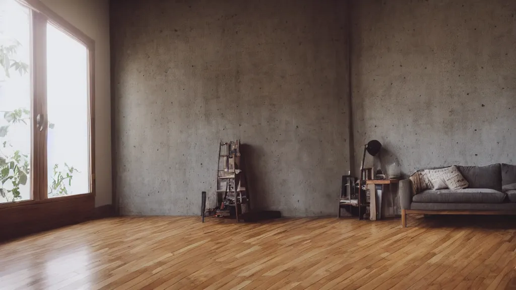 Image similar to dslr photograph of a living room, wooden floor, concrete wall