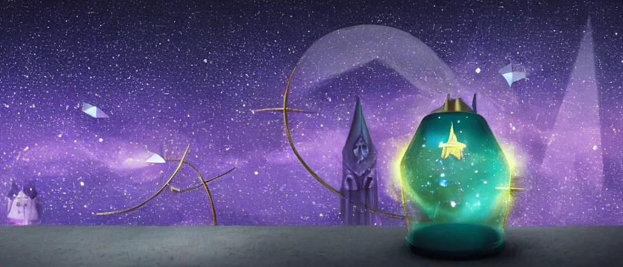 Prompt: A magic portal in the starry sky with a fantasy sandglass next to it