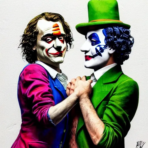 Image similar to ilya yefimovich repin and mimmo rottela and banksy as joaquin phoenix skinny joker, holding hand, lady gaga harley queen, ultra photorealistic, intricate details, pop art style, concept art, confident posse, random object details, 3 colours, warm color, 4 k, ultra smooth, sharp focus