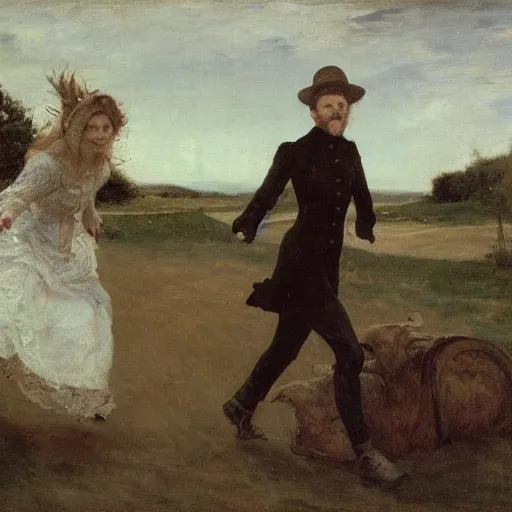 Prompt: man and woman escaping a labyrinth by alfred stevens