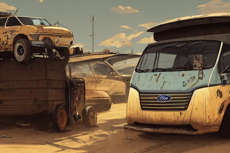 Prompt: digital illustration of mad max's ford aerostar van by makoto shinkai, ilya kuvshinov, lois van baarle, rossdraws, basquiat