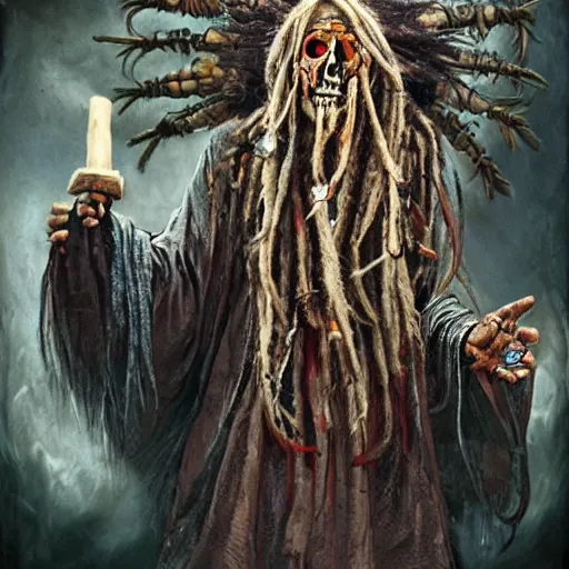 Image similar to a horror shaman with dreadlocks in sacrament of death